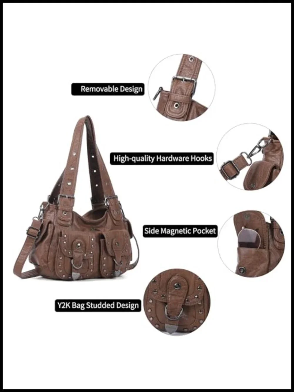 Vegan Leather Hobo Bag Multi Pocket Studded Y2K Shoulder Tote Handbag